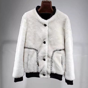 微瑕疵处理 皮草外套女 100%羊毛羊剪绒颗粒皮毛一体棒球服年轻款