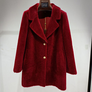 新款海宁皮草100%真羊毛皮毛一体羊剪绒颗粒西装领中长款女士外套