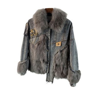 时髦炸街狐狸毛腹毛拼接牛仔皮草外套女短款派克服羽绒服2025冬季