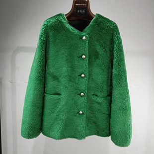 纯羊毛大颗粒圆领短款羊剪绒100皮毛一体气质海宁皮草保暖女宽松