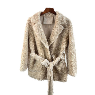 冬新款海宁羊剪绒大衣女中长款西装领颗粒羊羔毛皮草外套修身腰带