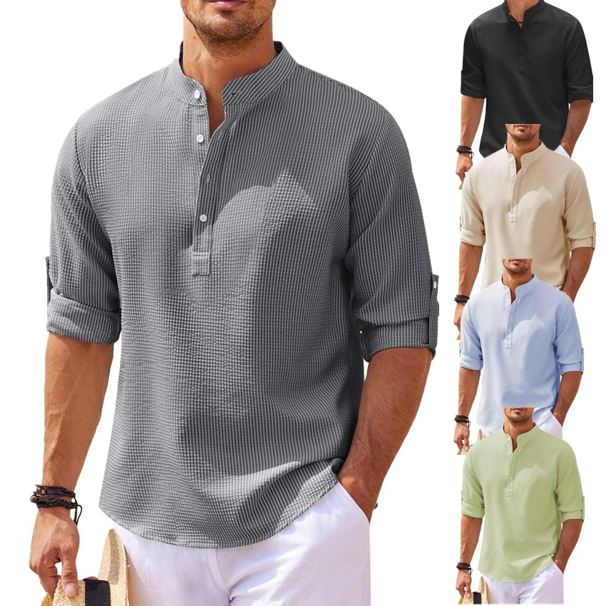 Long sleeved stand up collar shirt men's casual shirt top