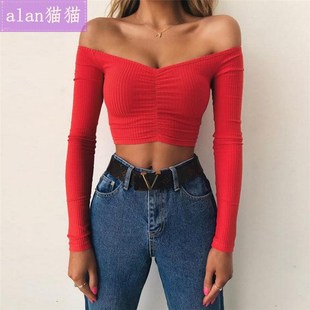 T恤Autumn Sexy Knitted women 性感露肩肚脐上衣紧身长袖 shirt