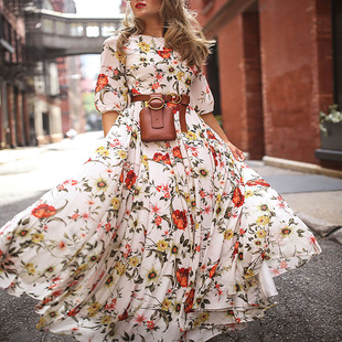 print chiffon floral slim fit long skirt Dress欧美印花连衣裙