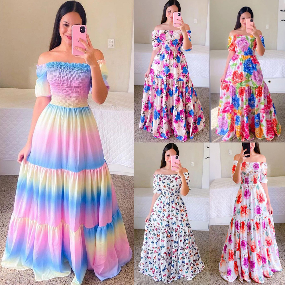 floral off shoulder long skirt summer dress women欧美连衣裙