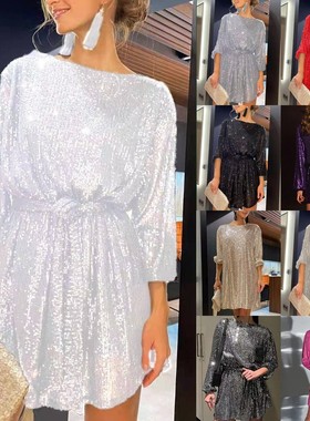 Fashion sequin waist cinched dress full dress欧美亮片连衣裙