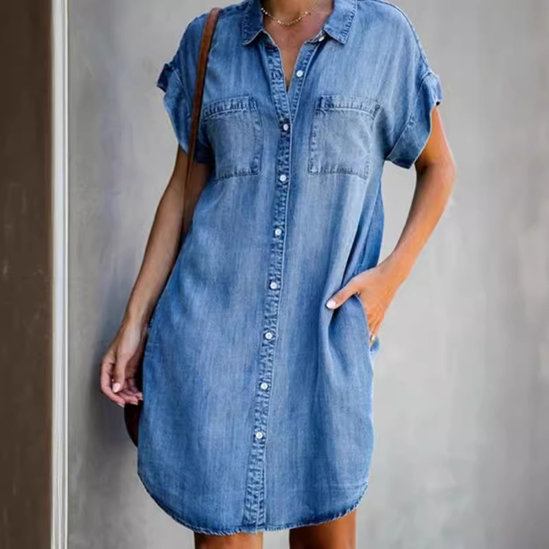 Women's short sleeved slim fit denim dress 欧美牛仔连衣裙女