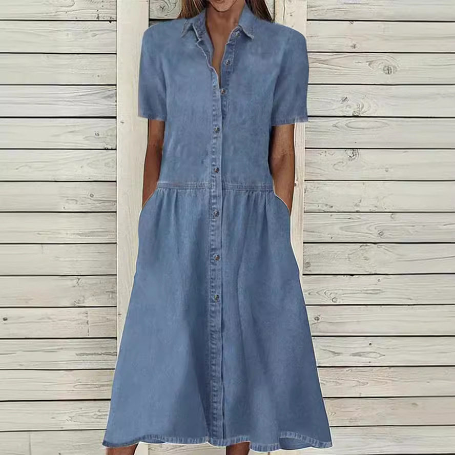 Women's lapel casual denim dress 欧美翻领休闲牛仔连衣裙新女图片