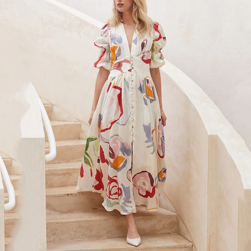 Women beach dress slim fit printed long skirt欧美女印花长裙