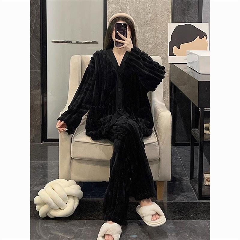 珊瑚绒睡衣女秋冬季新款黑色高级感长毛法兰绒加厚外穿家居服套装