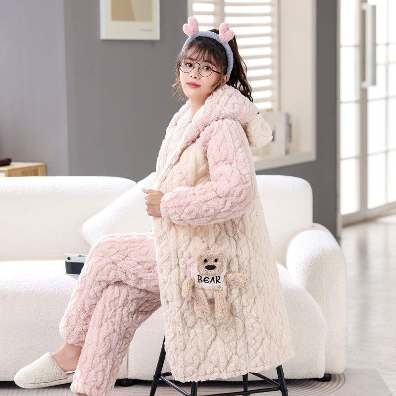 法兰绒睡袍套装 女冬季三层加厚夹棉睡衣 法兰绒珊瑚绒可外穿冬天