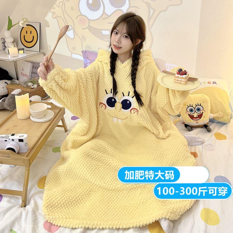 海绵宝宝睡裙女秋冬季加厚珊瑚绒大码300斤长款卡通法兰绒睡衣女