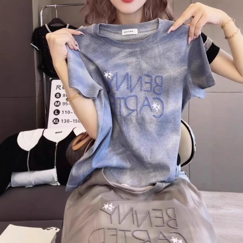 大码女装2025新款夏季时尚洋气扎染上衣胖MM宽松圆领正肩短袖T恤
