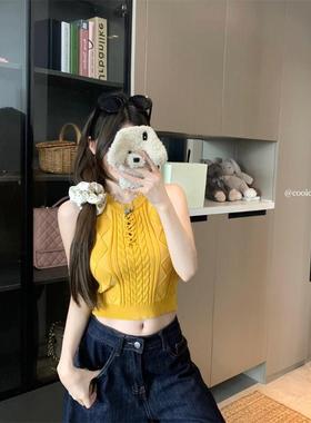 黄色镂空麻花针织吊带背心女夏季无袖辣妹短款设计感小众外穿上衣