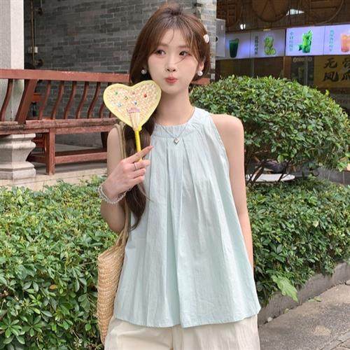 套装女2025新款春夏甜美薄荷绿挂脖背心衬衫小个子阔腿短裤两件套