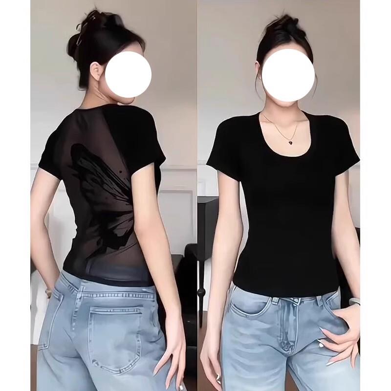 大码胖mm半透明蝴蝶性感辣妹上衣夏季新款独特别致欧美风短袖T恤