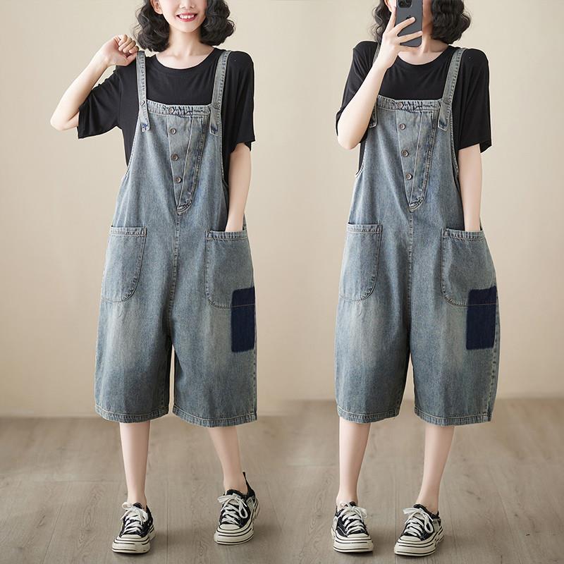 小菲家~牛仔背带裤女夏季新款2024胖mm文艺减龄撞色直筒五分裤