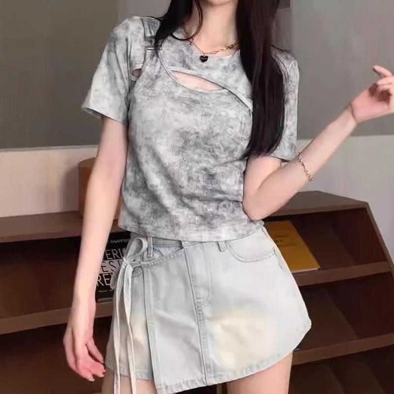 大码胖mm不规则镂空扎染短袖T恤女夏季新款独特修身显瘦短款上衣