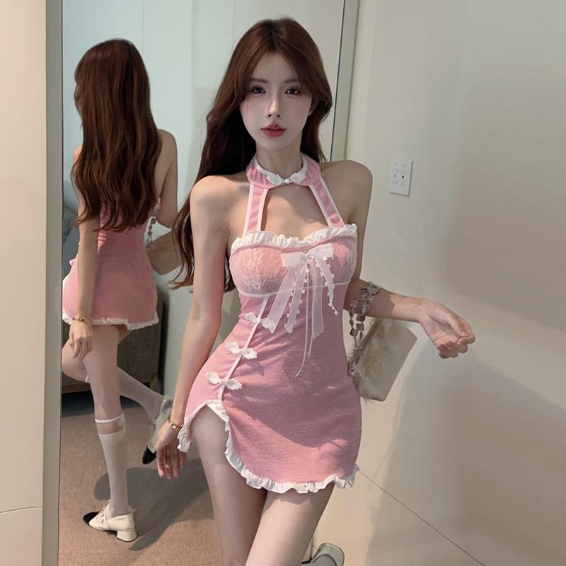 可爱纯欲无袖挂脖超短小个子粉色A字裙女夏蕾丝蝴蝶结修身连衣裙