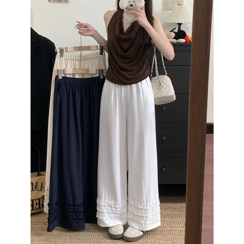 慵懒风白色棉麻花边休闲 裤女夏季薄款宽松直筒裤子高腰宽裤长裤