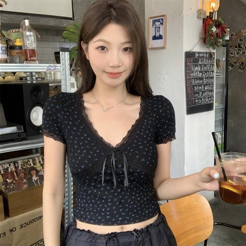 大码女装2025夏季纯欲甜辣妹碎花蕾丝花边短袖T恤蝴蝶结别致上衣