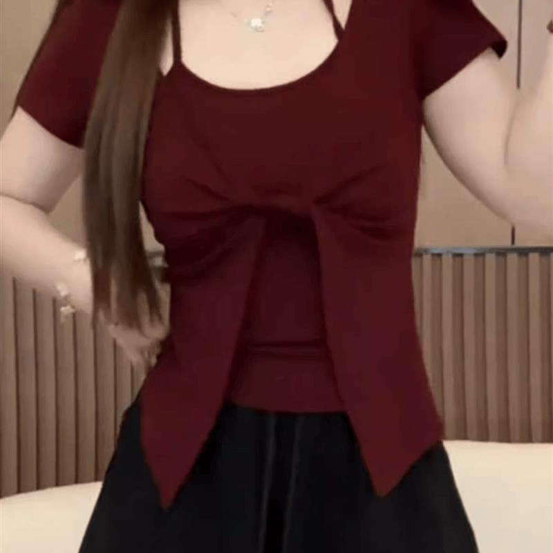 大码假两件挂脖短袖女t恤夏季新款微胖mm显瘦扭结纯欲风甜辣上衣