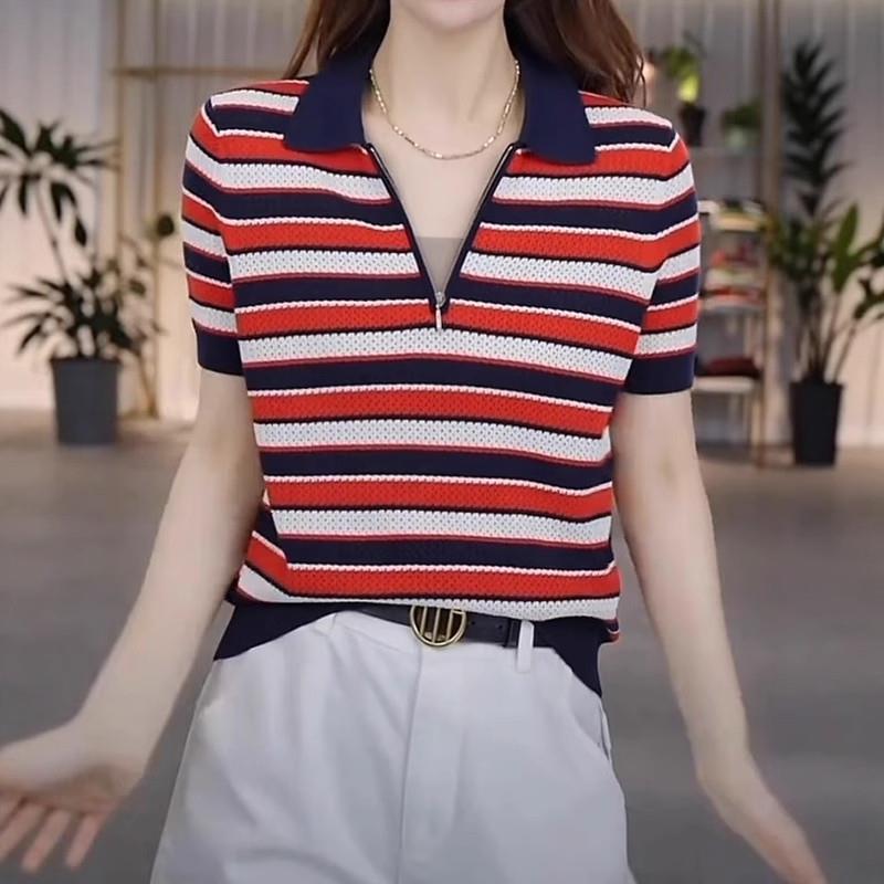 大尺码撞色条纹Polo领冰丝短袖针织衫女夏季新款宽松显瘦设计感上