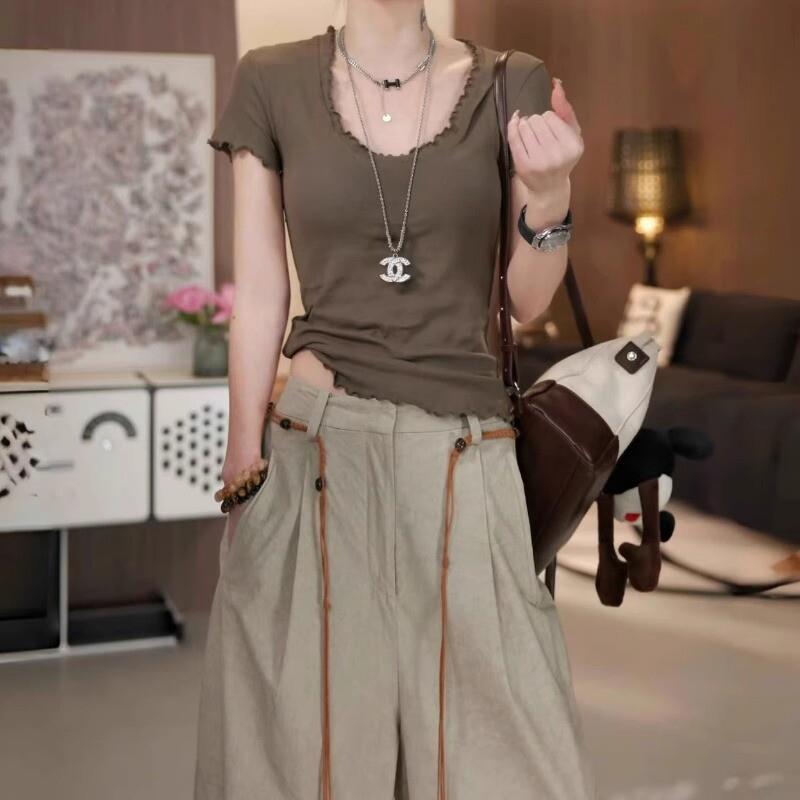 胖MM大码女装时尚简约木耳边修身上衣2025新款圆领正肩短袖T恤潮