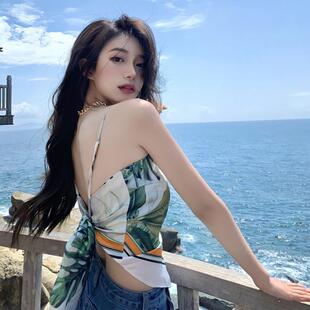 泰式肚兜抹胸吊带背心女外穿西双版纳多巴胺泰国旅游海边丝巾上衣