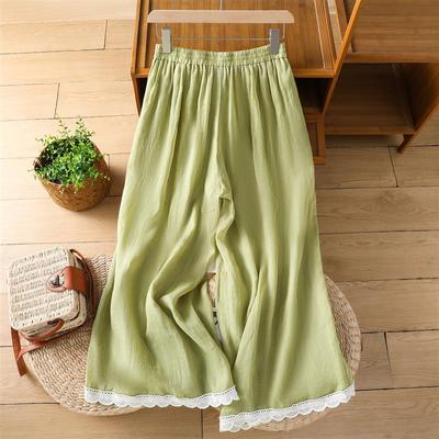 苎麻裤子女夏薄款2025新款蕾丝拼接棉麻阔腿裤宽松显瘦直筒九分裤