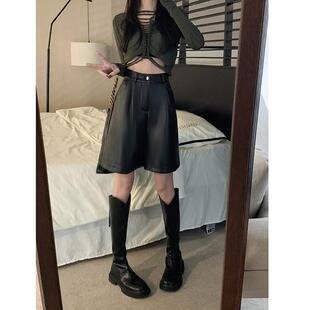 新款 宽松显瘦百搭阔腿裤 秋冬季 女短裤 黑色高腰PU皮裤 2024秋季