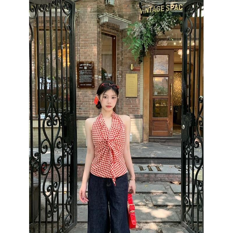 复古红色格子挂脖吊带背心女夏季性感露背蝴蝶结打底外穿短款上衣