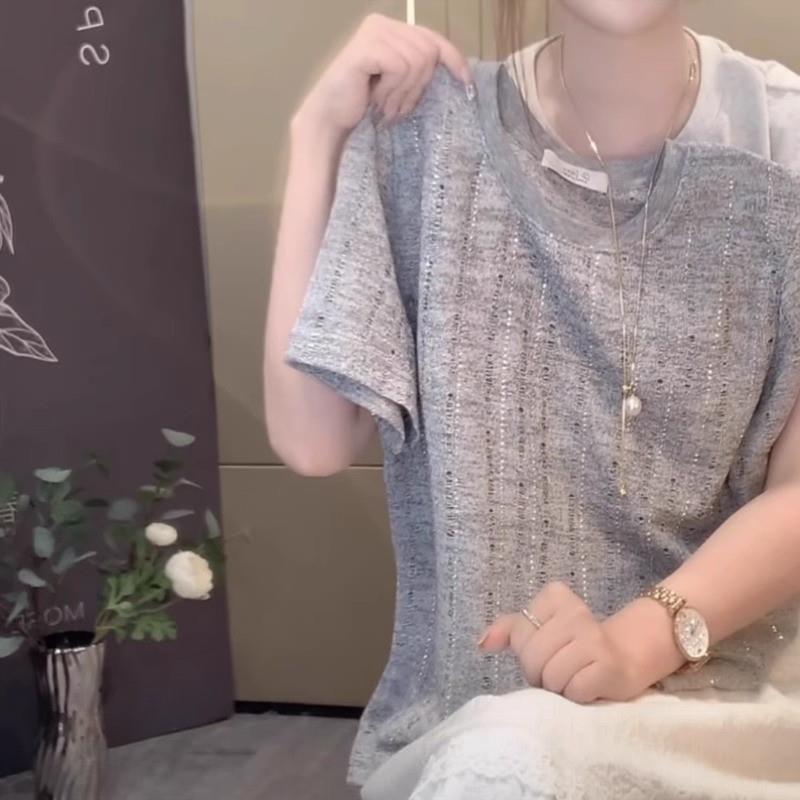 大码女装气质百搭圆领宽松上衣2025夏季新款细闪镂空正肩短袖T恤