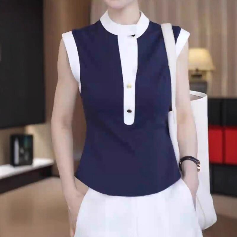 欧货高级感藏青色立领无袖T恤女夏大尺码胖mm显瘦时尚百搭背心上