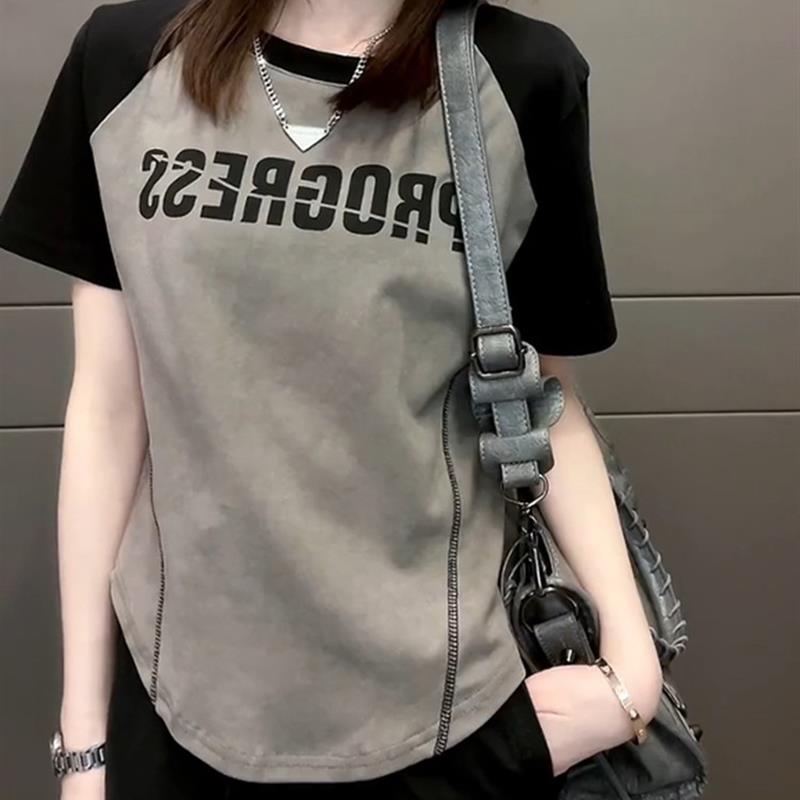 大码美式复古扎染插肩短袖T恤女夏季新款胖mm宽松巨显瘦正肩上衣