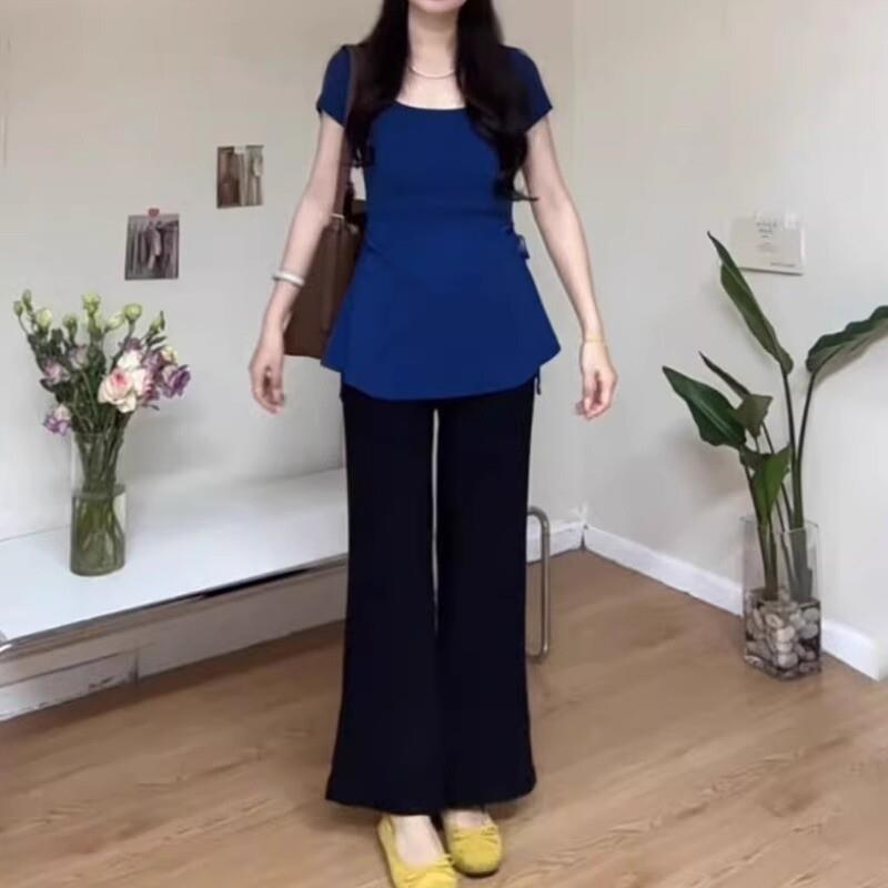 胖MM大码女装收腰设计感小众别致上衣2025新款方领正肩短袖t恤女