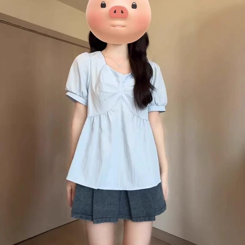 胖MM大码女装显瘦遮肚方领娃娃衫上衣2025新款法式蓝色短袖衬衫潮