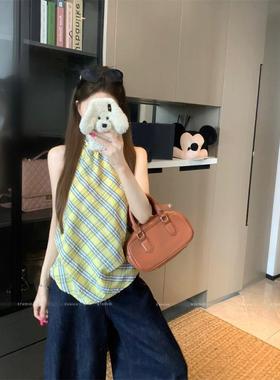 黄色格子挂脖吊带小背心女夏季露背设计感甜辣妹短款海边外穿上衣