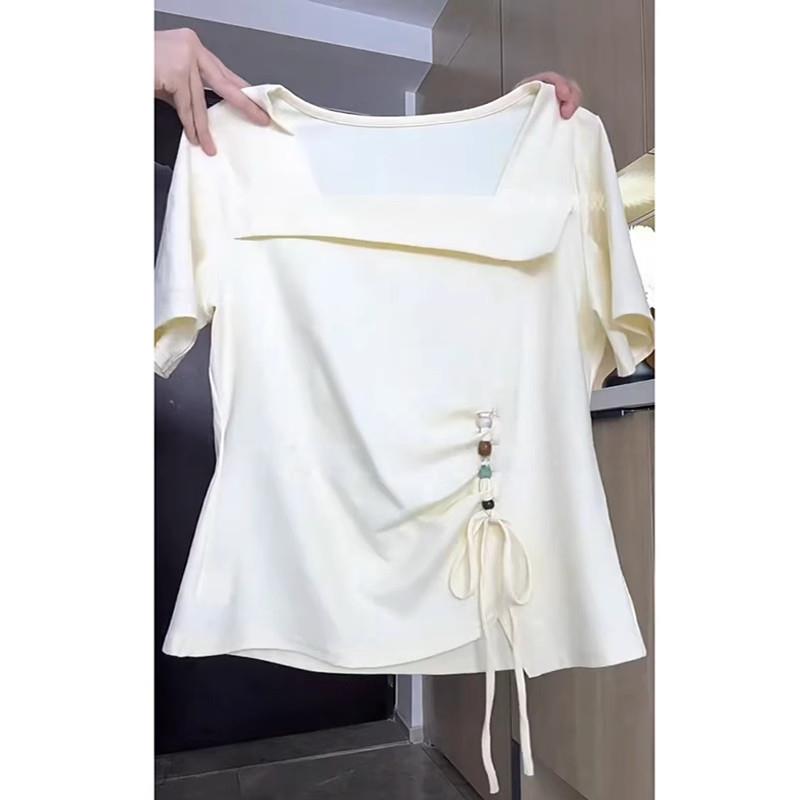 方领抽绳正肩短袖t恤女夏大码胖mm显瘦设计感褶皱不规则短款上衣