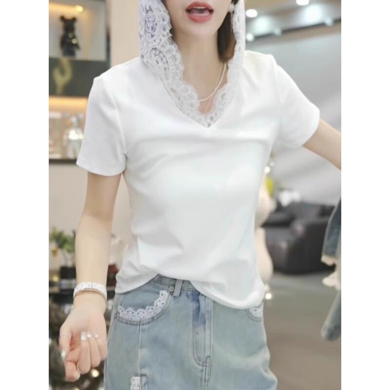 法式慵懒风高级感蕾丝设计连帽大码遮肚短袖T恤白色独特打底上衣