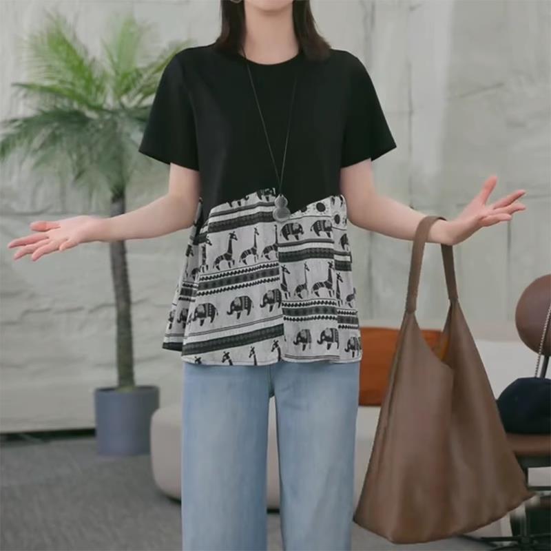 大尺码洋派印花拼接短袖T恤女夏季新款宽松显瘦气质百搭设计感上