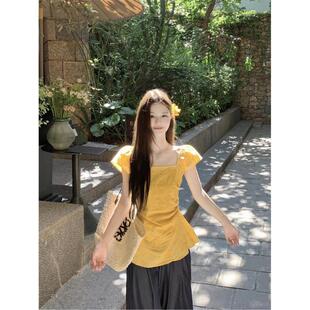 方领镂空短袖 温柔风修身 衬衫 新款 显瘦褶皱chic上衣 女2025夏季 法式