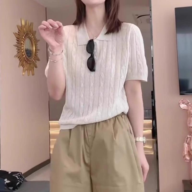 大码女装2025新款夏季宽松薄款POLO领百搭上衣胖MM冰丝短袖针织衫