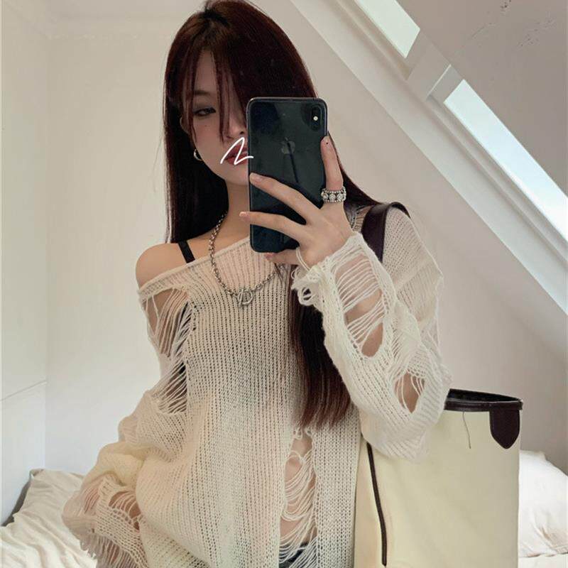 大码女秋季长袖韩版宽松百搭卷边破洞针织衫套头外搭潮酷镂空上衣