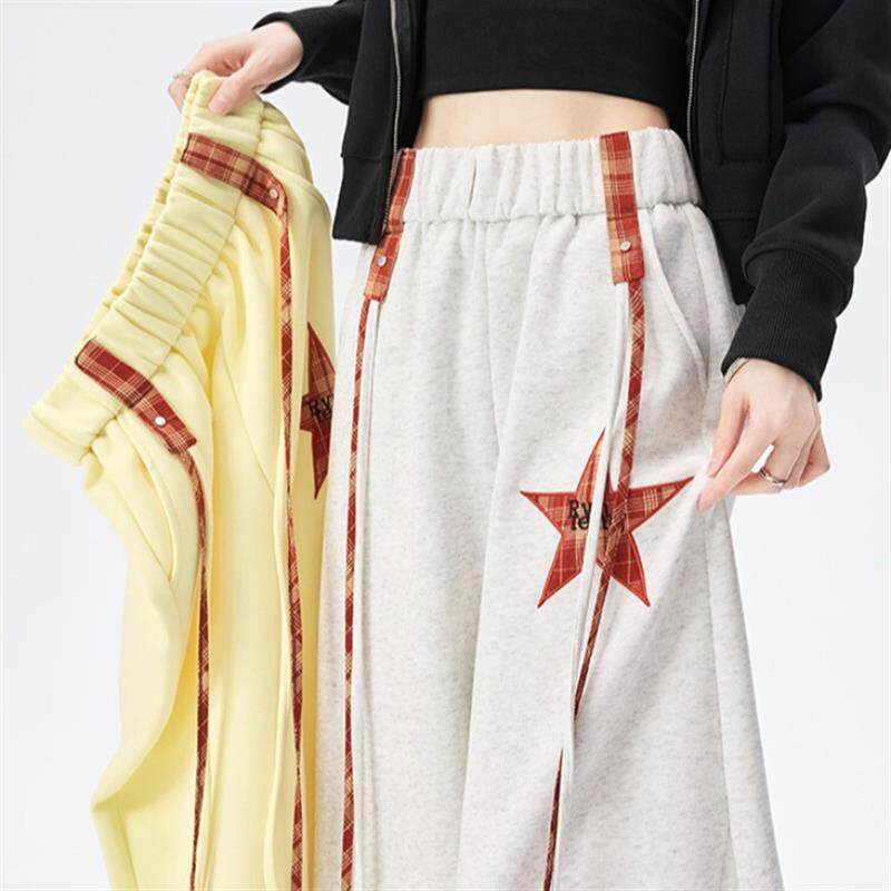 美式嘻哈风星星刺绣黄色卫裤女冬季设计感高腰宽松运动阔腿休闲裤