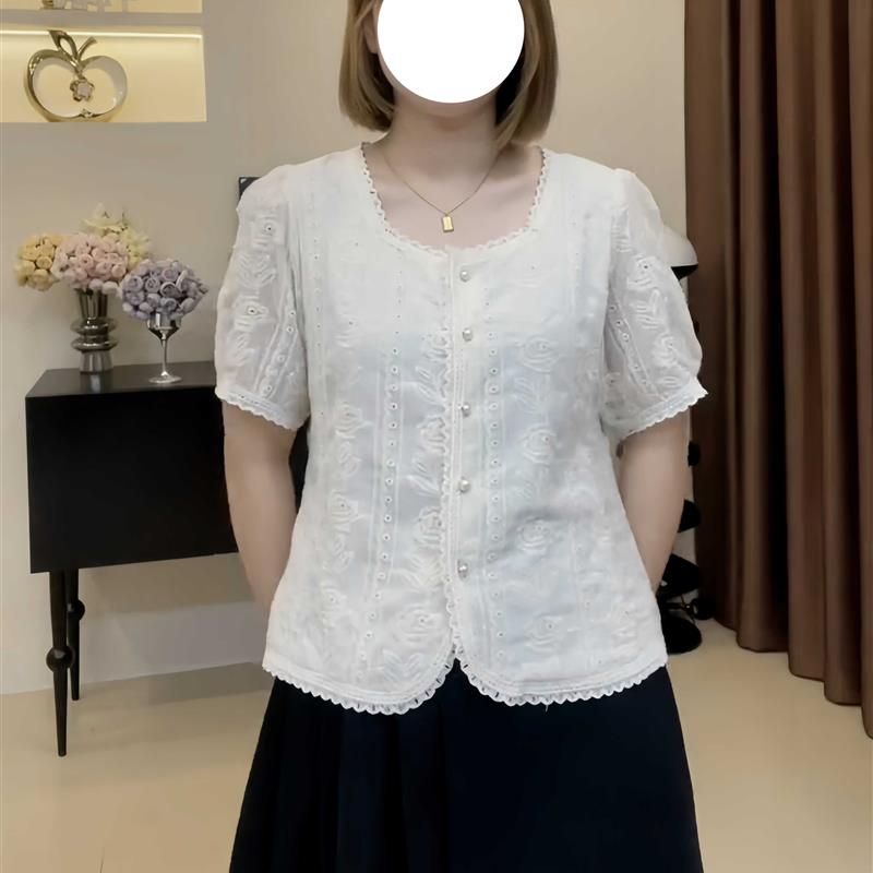 大码法式蕾丝绣花短袖衬衫女2025夏季新款胖mm显瘦高级感小衫上衣