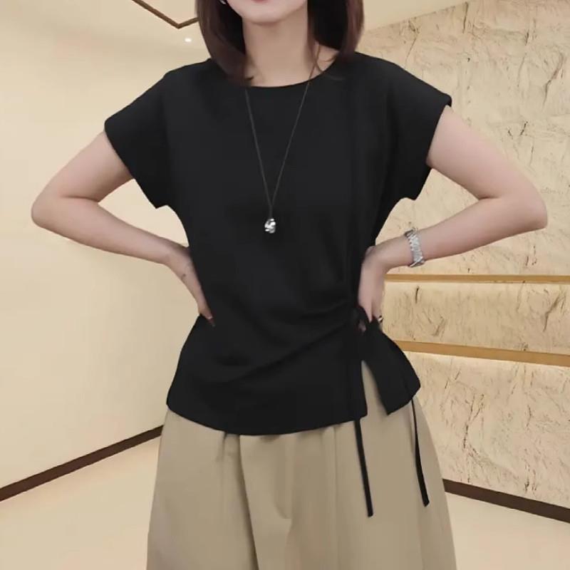 大尺码时尚简约圆领正肩短袖T恤女夏季新款胖mm显瘦不规则开叉上