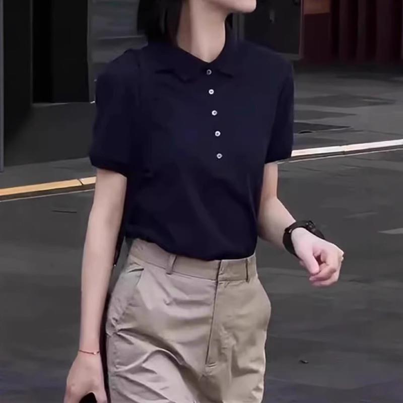 大码黑色Polo领短袖T恤女夏季新款胖mm宽松显瘦简约百搭翻领上衣