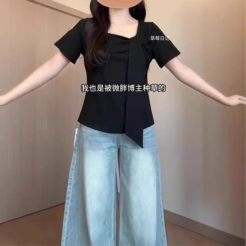 胖MM大码女装方领正肩短袖T恤美式别致不规则小衫宽松显瘦上衣潮