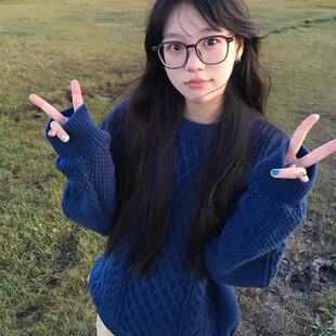 藏蓝色复古麻花毛衣女款2026新款秋冬季宽松慵懒风针织衫休闲上衣
